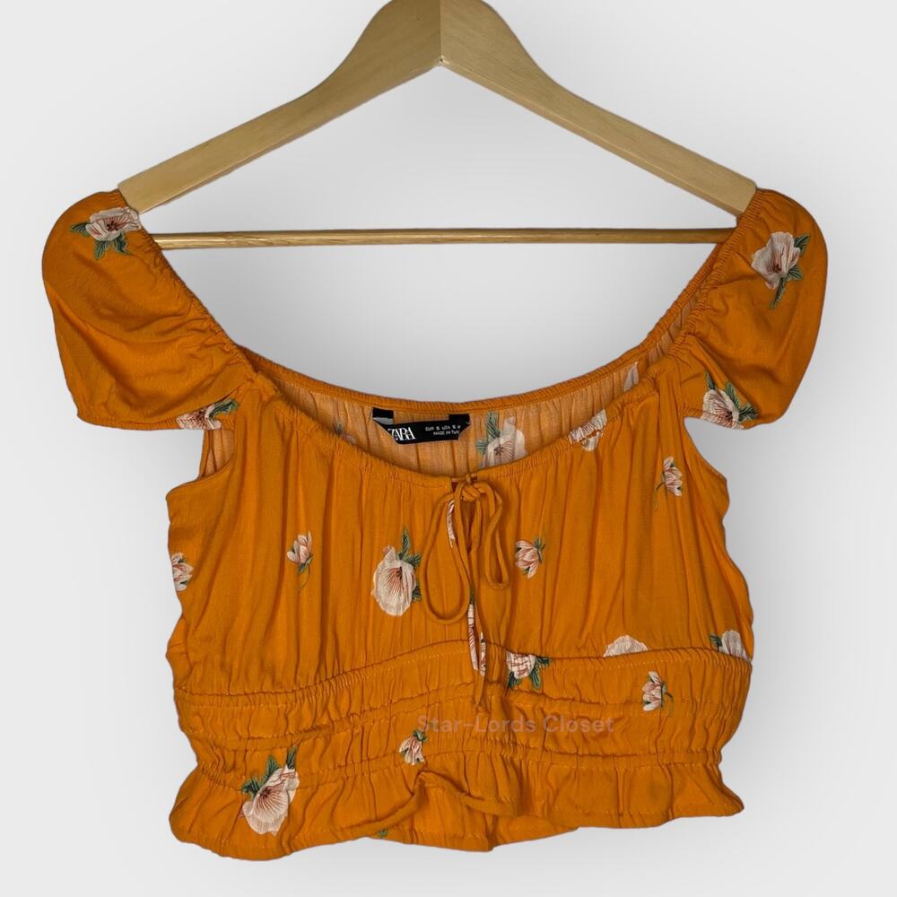 Zara Floral Crop Top Small Orange Tie Front Puff Sleeve Festival